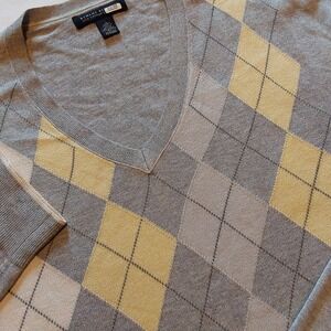 Banana Republic Cashmere Silk Luxury Blend Sweater Size Large V-Neck Gray Argyle